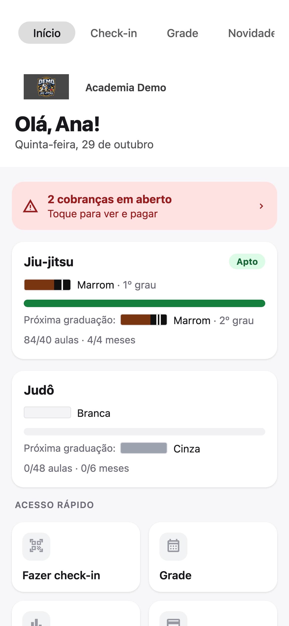 Graduação e próximo nível em cada arte